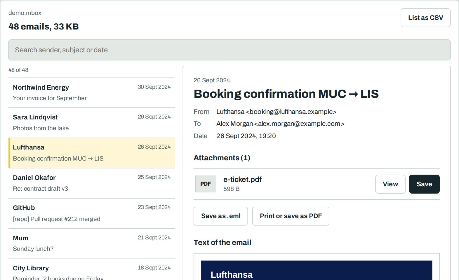 A Gmail mailbox with 48 emails: list, search and the open email