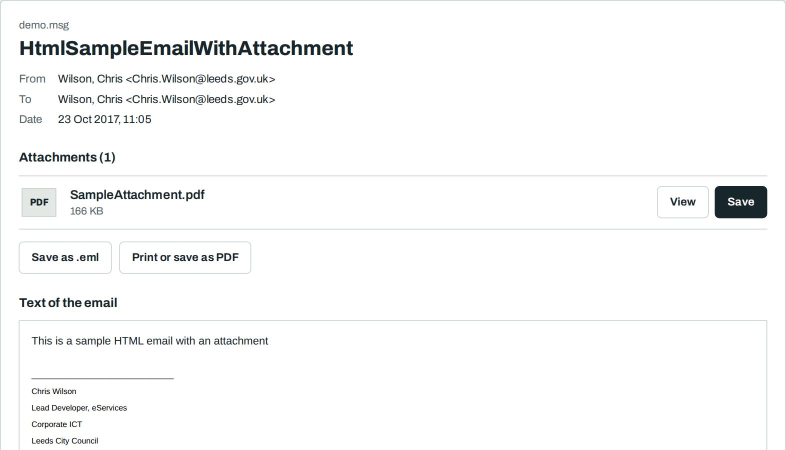 An Outlook .msg email with its attachment, opened without Outlook